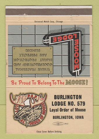 Matchbook Cover - Moose Lodge Burlington IA WEAR 40 Strike