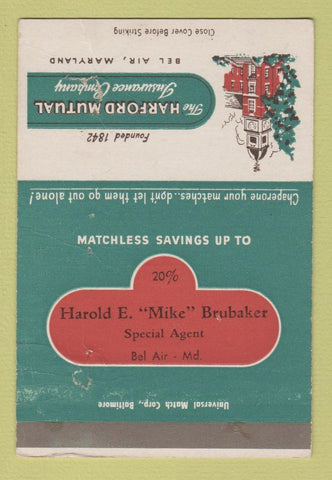 Matchbook Cover - Hartford Insurance Bel Air MD Harold Brubaker WORN 40 Strike