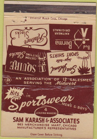 Matchbook Cover - Sam Karash Clothing Chicago IL 40 Strike