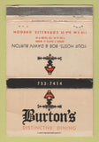 Matchbook Cover - Burton's Restaurant Corvallis OR WORN 40 Strike
