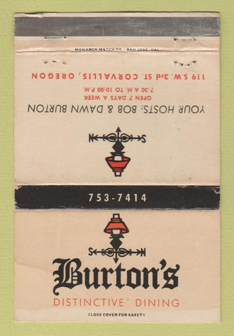 Matchbook Cover - Burton's Restaurant Corvallis OR WORN 40 Strike