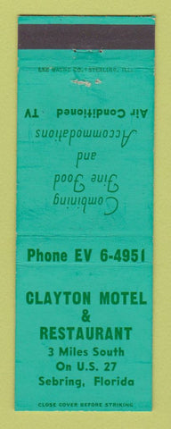 Matchbook Cover - Clayton Motel Restaurant Sebring FL