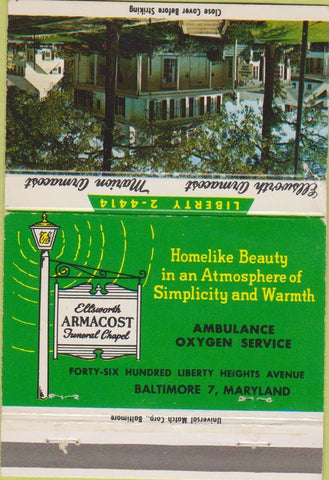Matchbook Cover - Ellsworth Armacost Funeral Baltimore MD 40 Strike