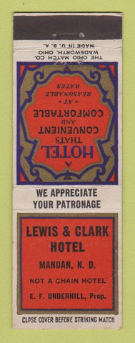 Matchbook Cover - Lewis & Clark Hotel Mandan ND