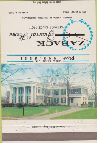 Matchbook Cover - Zaback Funeral Home Astabula OH 40 Strike