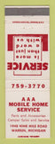 Matchbook Cover - AAA Mobile Home Service Warren MI