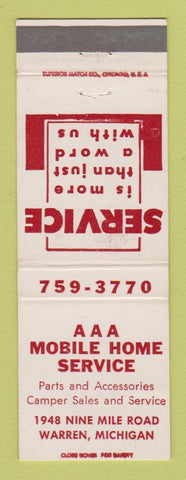 Matchbook Cover - AAA Mobile Home Service Warren MI