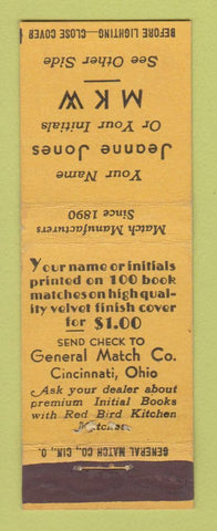 Matchbook Cover - General Match Cincinnati OH monograph match offer