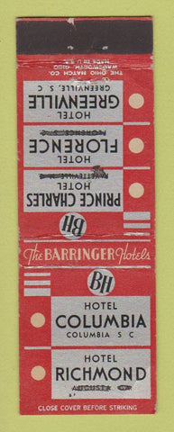 Matchbook Cover - Hotels Columbia Greenville SC WRITING WEAR
