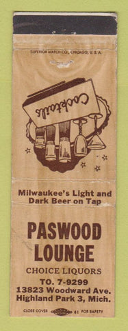 Matchbook Cover - Paswood Lounge Highland Park MI WEAR