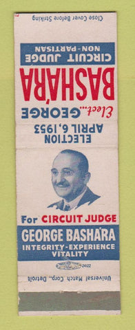 Matchbook Cover - George Bashara Circuit Judge Election Detroit?