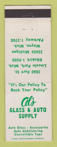 Matchbook Cover - Al's Glass Auto Supply Lincoln Park Wayne MI