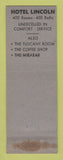 Matchbook Cover - Hotel Lincoln Indianapolis IN Mirabar WEAR