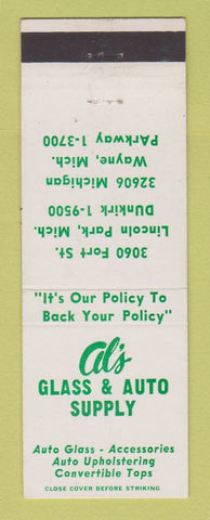 Matchbook Cover - Al's Glass Auto Supply Lincoln Park Wayne MI