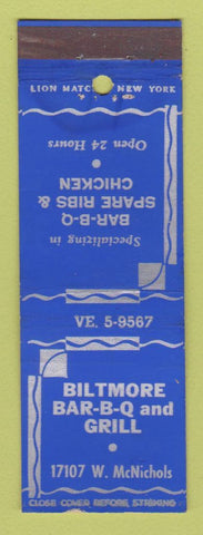 Matchbook Cover - Biltmore BBQ And Grill Detroit MI