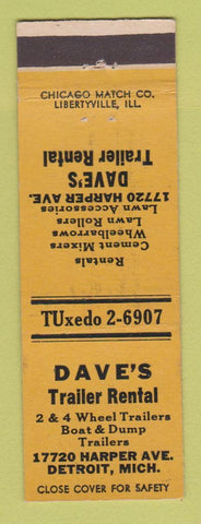 Matchbook Cover - Dave's Trailer Rental Detroit MI