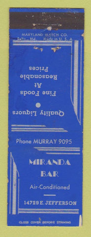 Matchbook Cover - Miranda Bar Detroit? MI