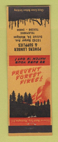 Matchbook Cover - Powers Lumber & Supply Detroit MI Prevent Forest Fires