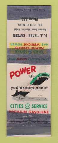 Matchbook Cover - Cities oil gas FJ Babe Kayser St Peter MN PRINTING ERROR