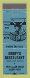 Matchbook Cover - Derby's Restaurant Allen Park MI WEAR