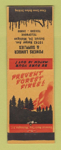 Matchbook Cover - Powers Lumber Supply Detroit MI Prevent Forest Fires