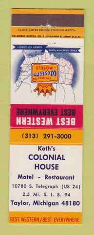 Matchbook Cover - Koth's Colonial House Taylor MI Best Western