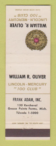 Matchbook Cover William Oliver Lincoln Mercury Grosse Pointe Farms MI Frank Adam