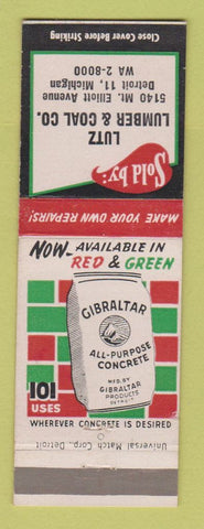 Matchbook Cover - Gibraltar Concrete Lutz Lumber Coal Detroit MI