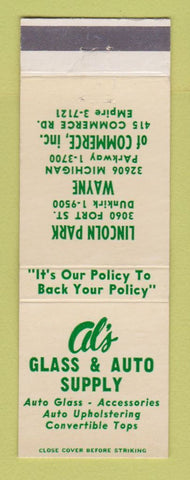 Matchbook Cover - Al's Glass Auto Supply parts Lincoln Park Wayne MI