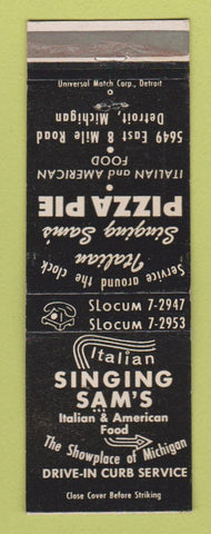 Matchbook Cover - Singing Sam's Italian Restaurant Detroit MI Pizza