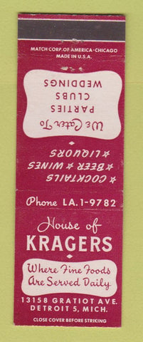 Matchbook Cover - House of Kragers Restaurant Detroit MI