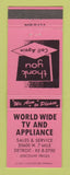 Matchbook Cover - World Wide TV Appliance Detroit MI
