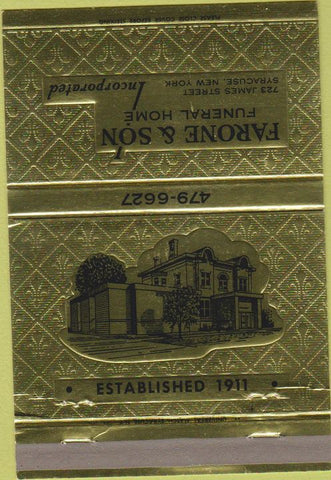 Matchbook Cover - Farone  and  Son Funeral Home Syracuse NY 40 Strike