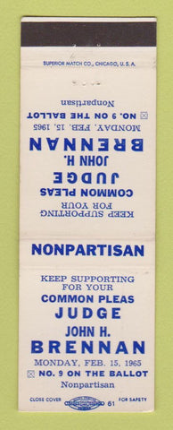 Matchbook Cover - Judge John Brennan Election 1965 Detroit? MI