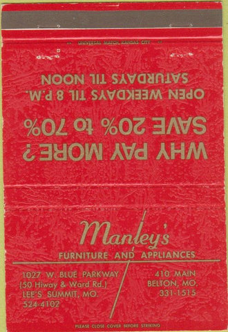 Matchbook Cover - Manley Furniture Lee's Summit MO appliances 40 Strike