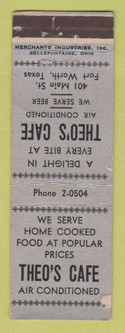 Matchbook Cover - Theo's Cafe Fort Worth TX MERCHANTS WORN
