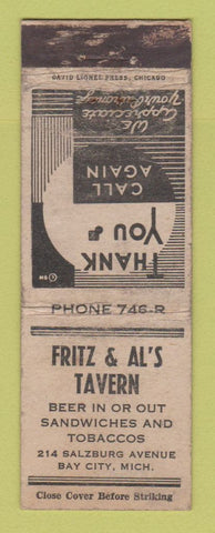 Matchbook Cover - Fritz & Al's Tap Bay City MI WORN
