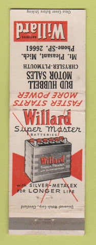 Matchbook Cover - Willard Batteries Hubbell Chrysler Plymouth Mount Pleasant MI