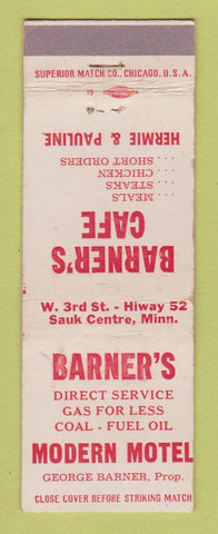 Matchbook Cover - Barner's Motel oil gas Sauk Centre MN WEAR
