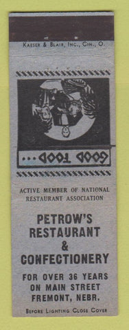 Matchbook Cover - Petrow's Restaurant Confectionery Fremont NE