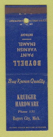Matchbook Cover - Krueger Hardware Rogers City MI Boydell Paint Varnish