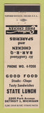 Matchbook Cover - State Lunch Detroit MI Fried Chicken BBQ