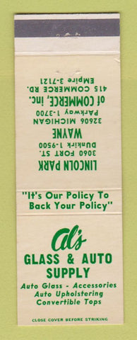 Matchbook Cover - Al's Glass Auto Parts Lincoln Park Wayne MI