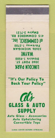 Matchbook Cover - Al's Glass Auto Parts Lincoln Park Wayne MI