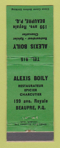 Matchbook Cover - Alexis Boily Restaurant Beupre QC GREEN