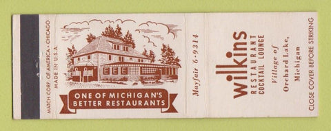 Matchbook Cover - Wilkins Restaurant Orchard Lake MI