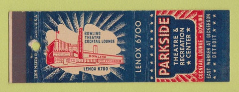 Matchbook Cover - Parkside Theatre Recreation Detroit MI Movies bowling