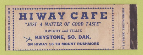 Matchbook Cover - Hiway Cafe Keystone SD WRITING WEAR