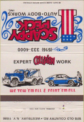Matchbook Cover - Scappy Peck Towing Westbury NY 40 Strike