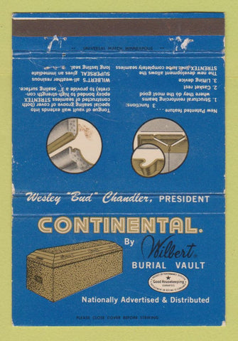 Matchbook Cover - Continental Burial Vault Wilbert St Paul MN WORN 40 Strike